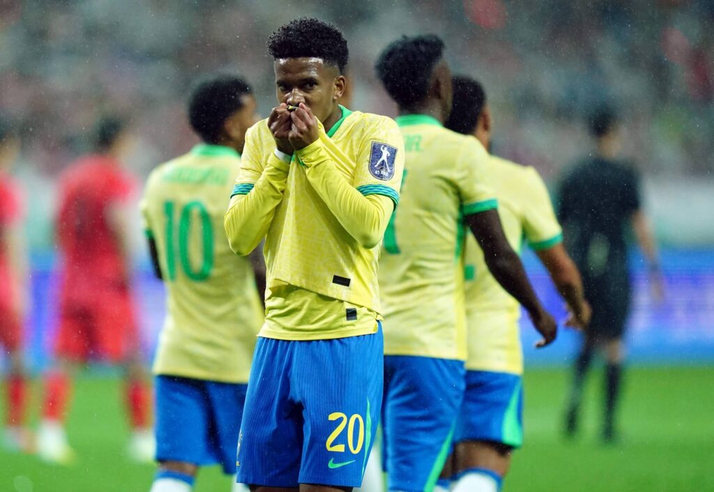 Estevão celebrates goal for Brazil